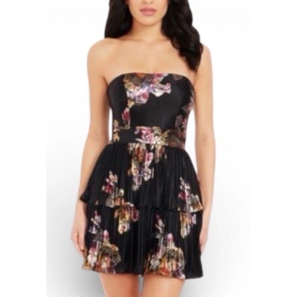 Dress The Population Libby Mini Dress‎ Strapless Floral Metallic Black Size L